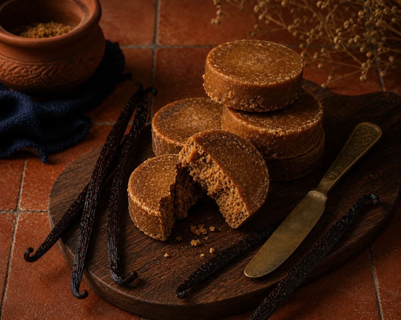 Stacked traditional palm sugar blocks on a wooden board, one cut open