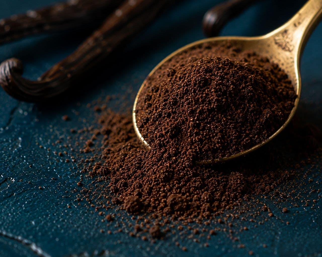 Macro texture of finely milled vanilla powder on a gold spoon