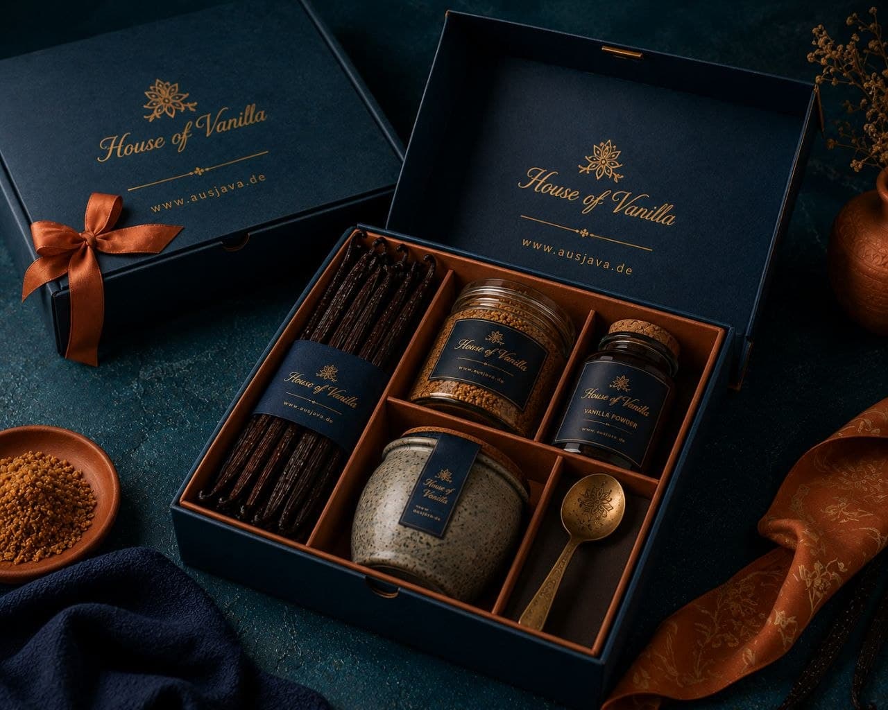 The House of Vanilla gift box, open to reveal beans, powder, blend and caviar