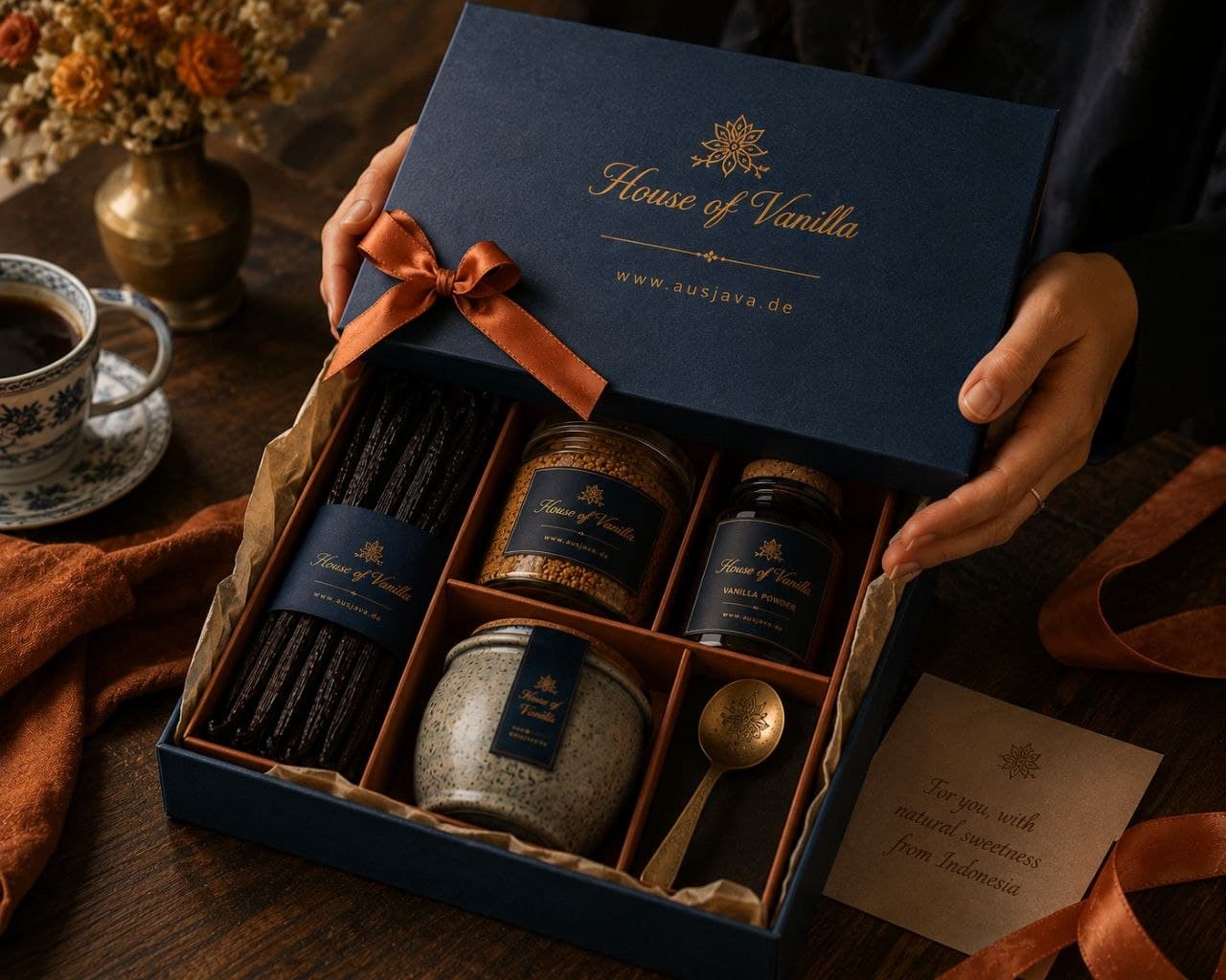 Hands presenting the open House of Vanilla gift box with a message card