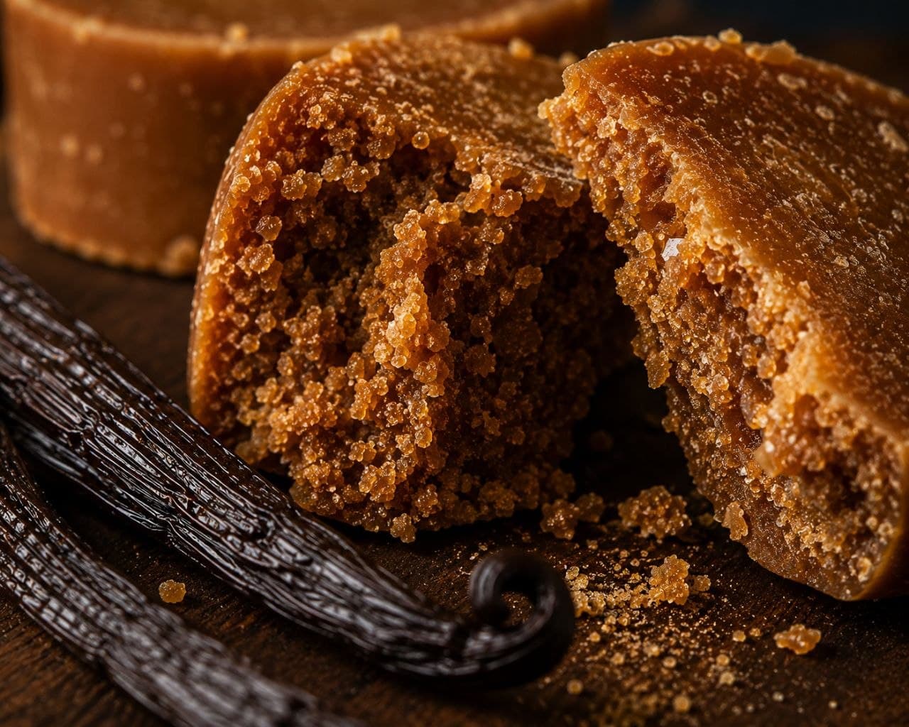 Detail of the crystalline grain inside a broken palm sugar block