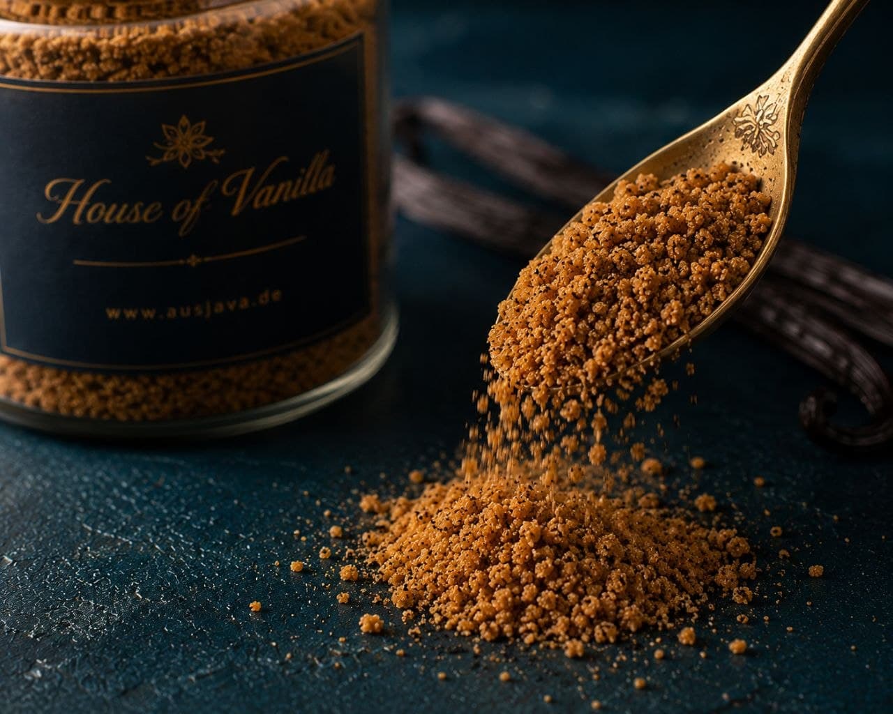 Detail of caramel-toned palm sugar flecked with vanilla, pouring from a gold spoon