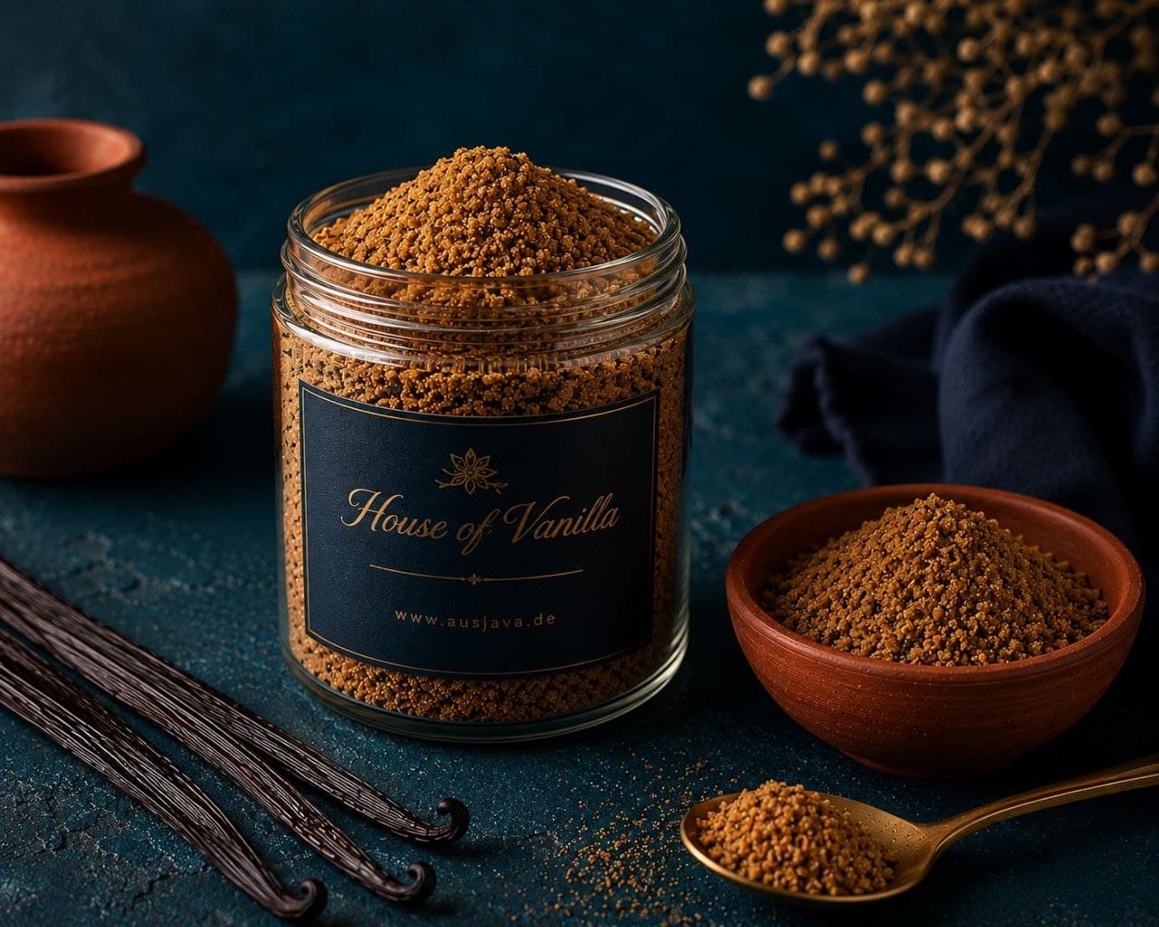 House of Vanilla palm sugar and vanilla blend in a labelled jar and bowl