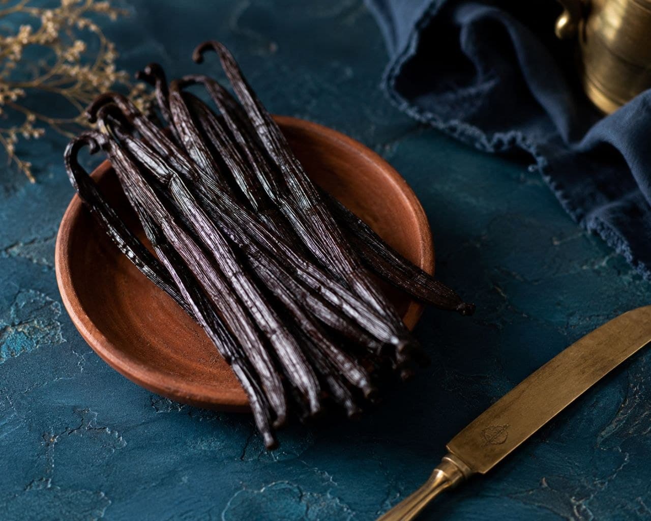 Premium Indonesian vanilla beans on a clay dish