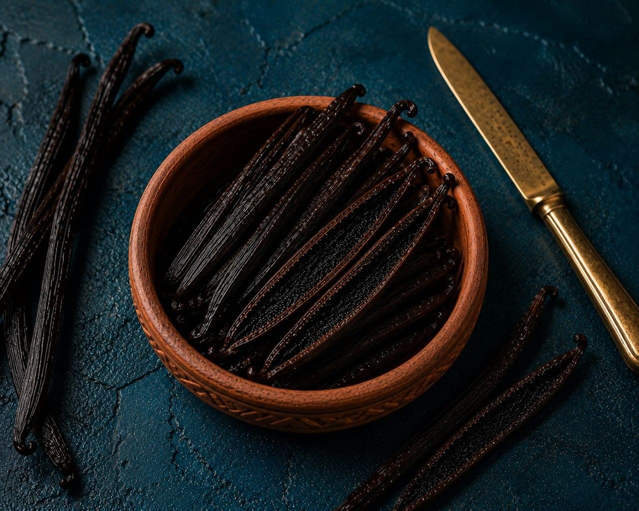 Split vanilla pods revealing glistening seed-rich caviar