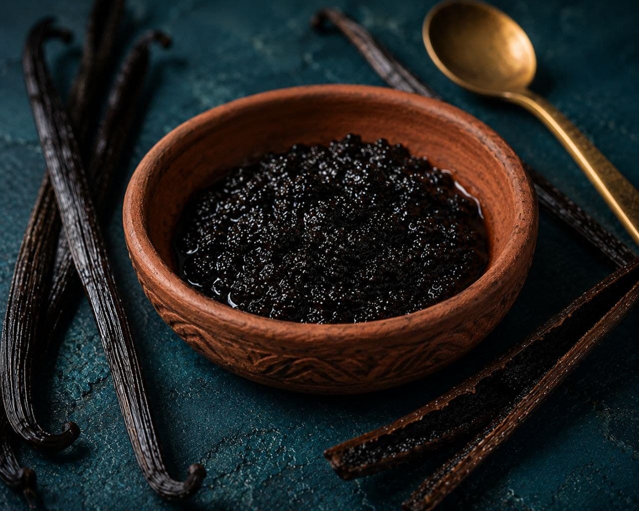 A clay bowl of pure vanilla caviar seeds beside whole pods