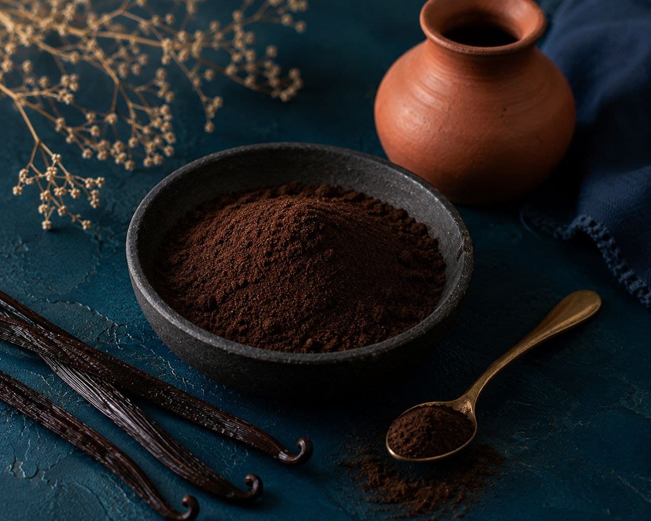 Pure vanilla bean powder in a stone bowl with a gold spoon
